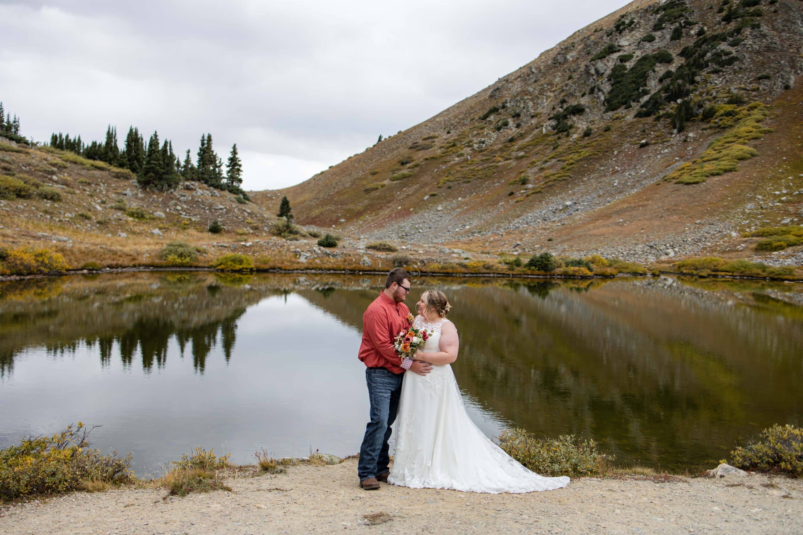 bride and groom lake reflection loveland pass elopement